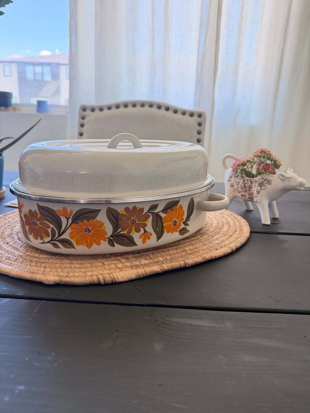 Vintage Roaster Pan Capri Enamelware Harvest Blossom 70’s Daisy Kitchen Oven Pot